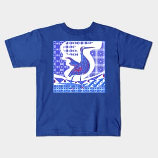 egret bird in talavera nest in mexican pattern art ecopop in blue dark Kids T-Shirt